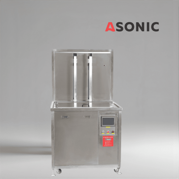 ASONIC IND-2000 Pneumatisk ultraljudsrengörare, robust design i rostfritt stål med pneumatisk korglyft för fabriker.