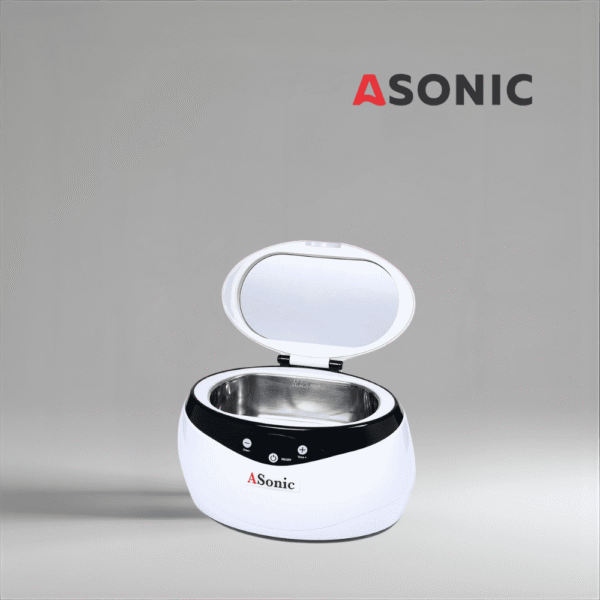 ASONIC HOME-650 litet ultraljudsbad för smycken, glasögon och personliga föremål, bärbart och effektivt.