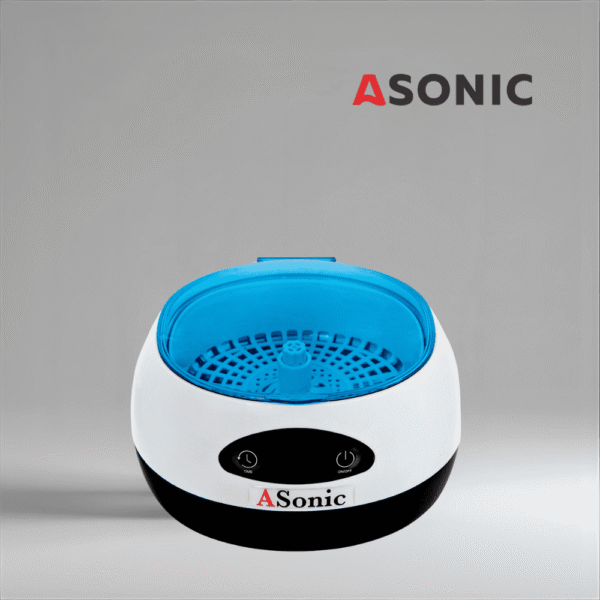 ASONIC HOME-750 ultraljudsrengöringsenhet i rostfritt stål, kompakt design för hemmabruk.