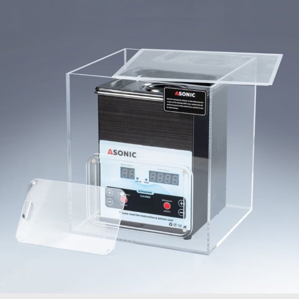 Öppen ljuddämpande låda med en 2 liters ASONIC ultraljudsrengörare inuti, utformad för att minska bullret under drift.