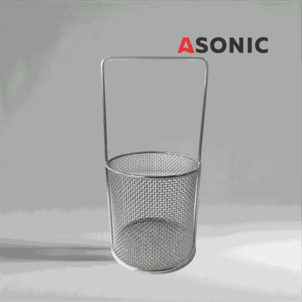 ASONIC rund korg i rostfritt stål med handtag Ø75 mm, avsedd för ultraljudsrengöring av smycken och fina verktyg.