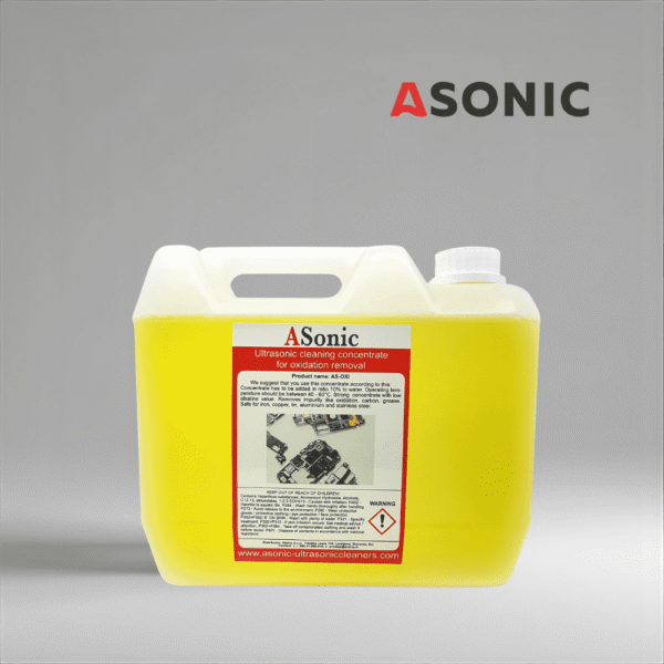 ASONIC AS-OXI-5 ultraljudsbaserat oxidationsborttagningsmedel, 5L rengöringslösning för metaller, smycken och verktyg med oxidlager.