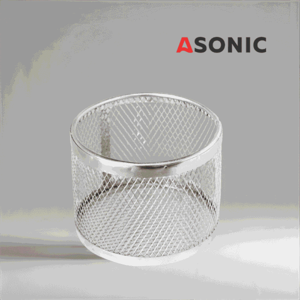 ASONIC rostfri rund korg Ø75 mm för ultraljudsbad, kompakt tillbehör för precisionsrengöring.