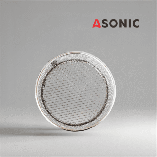 ASONIC inox medium rund korg Ø75 mm, utformad för ultraljudsrengörare för säker förvaring av smycken, verktyg och små komponenter.