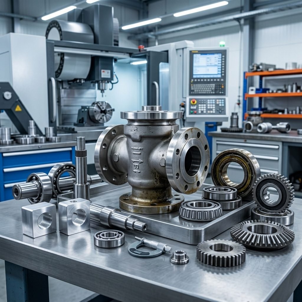 Industrikomponenter, ventiler och kugghjul i en produktionsanläggning